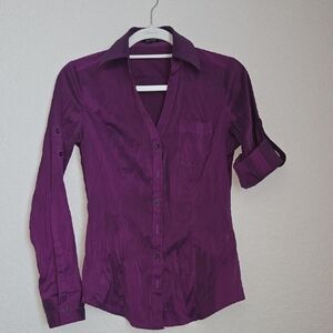 Express Purple Fitted 3/4 Sleeve Button Down Shirt